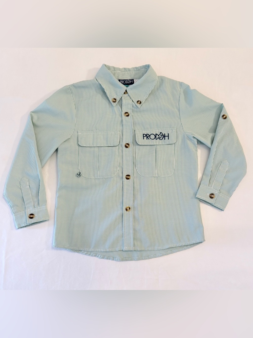 Prodoh Boys’ Kelly Green & White Check Long-Sleeve Fishing Shirt Size 5